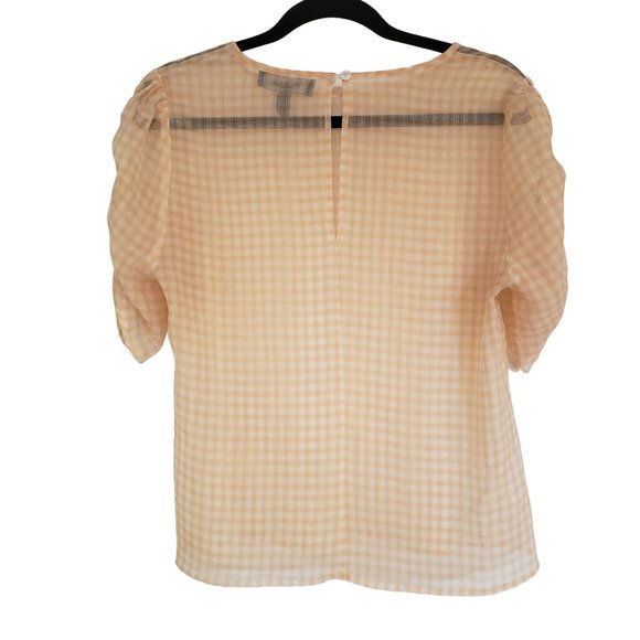 ModCloth blouse size Medium sheer checkered gathered half sleeve Peachy white - Picture 2 of 7